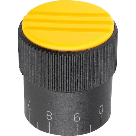 Kipp Knurled Knob W.Scale Size:3, D1=34, H=36, D=8, Form:C, Plastic Black, Comp:Steel, Cap:Yellow K0248.33087